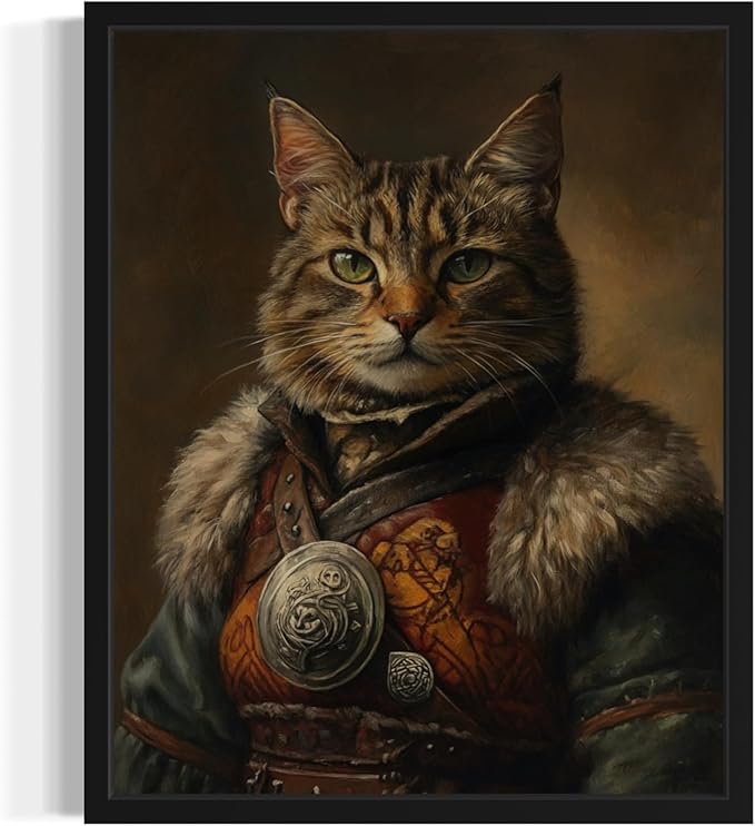 Viking Cat Art Poster Print, Cat Kitten Painting Humor Portrait Pet Artwork Decor Gallery A8 (Viking, 16 x 20 inches, Black Frame)