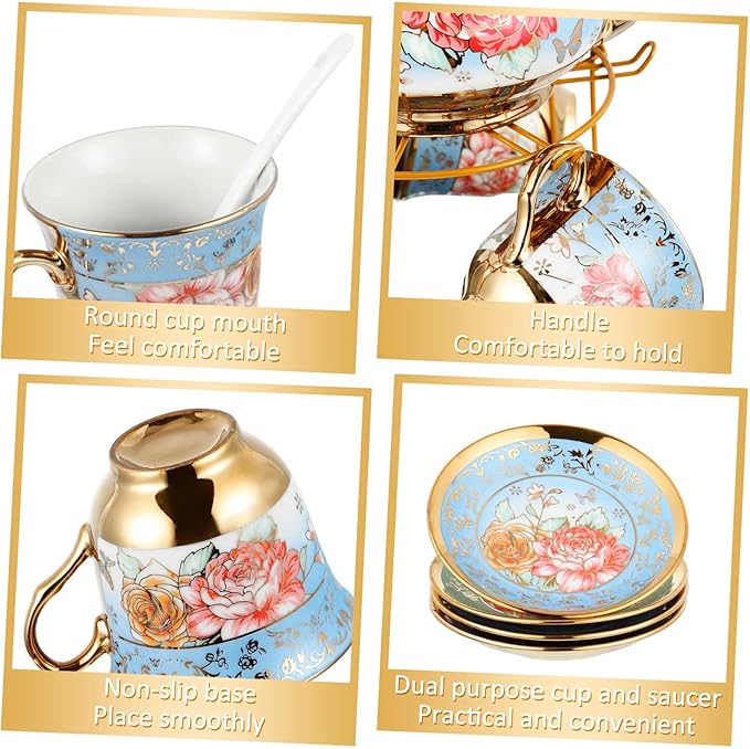 Zhehao 20 Pcs Porcelain Tea Set with Metal Holder and Spoon Adult Ceramic Tea Set European Flower Painting Teapot Cup Saucer Spoon for Women, Large Version(Simplicity Style)
