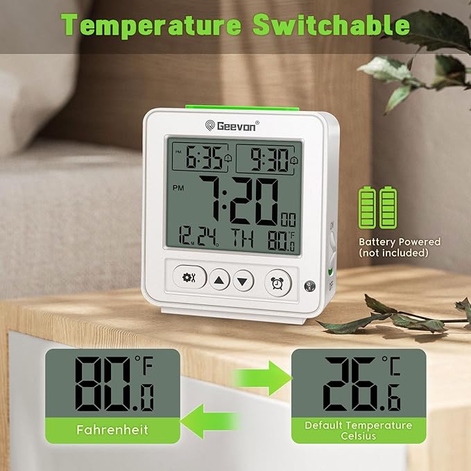 Geevon Smart Night Light Small Digital Alarm Clock with 2 Increasing Beep Alarm, Indoor Temperature, Battery Operated Travel Clock for Bedroom, Bedside, Desk(White)