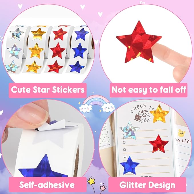 2000 PCS Holographic Star Stickers, Self Adhesive Metallic Glitter Foil Stickers Reflective Star Sticker, Ideal for Student Planners and Classroom Supplies, Each Measures 1”