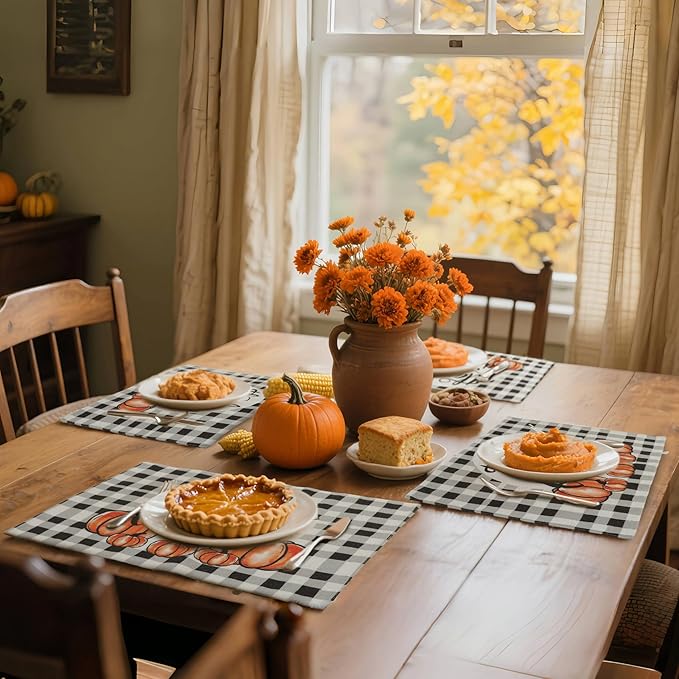 MANSPHIL Gray Buffalo Plaid Thanksgiving Placemats Set of 4 - Fall Fabric Table Place Mats for Autumn Harvest Decor Dining Kitchen Washable Wrinkle Free 13x19 Inch