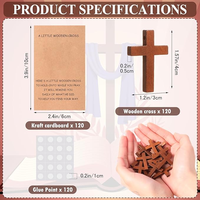 Bucherry 120 Set Pocket Hug Token Bulk Hug Greeting Cards with Mini Wooden Cross Greeting Cards Keepsake Exchange Card Relationship Gift for Friends Colleagues Family Christians Church Gifts (Brown)