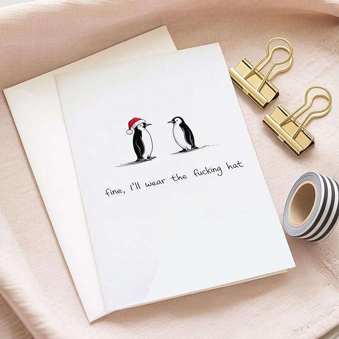 (5.3x8in) Fine I’ll Wear the Hat Funny Penguin Christmas Card with Envelope, Hilarious Adult Holiday Greeting with Swearing Humor, Sarcastic Xmas Card for Friends, Coworkers, Couples (Xmas 36)