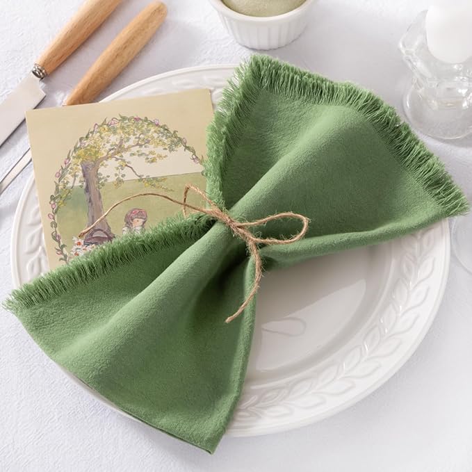 12 Pack Sage Green Cotton Linen Napkins with Fringe Spring Cloth Napkins Set of 12 Boho Handmade Dinner Napkins Bulk for Wedding Bridal Baby Shower Valentine's Day, 17 x 17 Inches