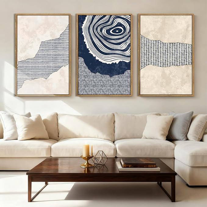 Anyzal Large Navy Blue Tree Rings Wall Art Framed Modern Abstract Neutral Paintings Artwork for Living Room Bedroom Office 16x24 Inch Set of 3