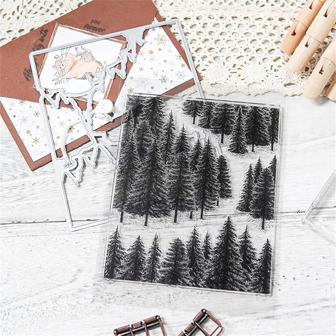 Forest Pine Trees Stamps and Cutting Dies for Card Making DIY Transparent Silicone Clear Stamp and Metal Die Cuts Sets for Scrapbooking Paper Greeting Cards Decor Seals Craft Supplies