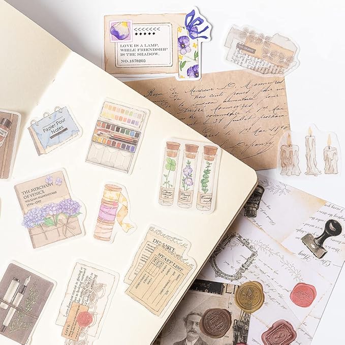 Alideco 260pcs Vintage Scrapbook Supplies Pack for Art Journaling Bullet Junk Journal Planners DIY Paper Stickers Craft Kits Notebook Collage Album Aesthetic Cottagecore Picture Frames(Book study)