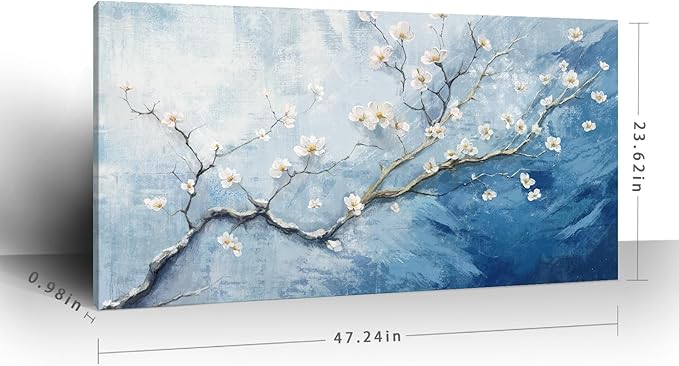 Nicetop Large Wall Art for Living Room– Blue and white Floral Canvas Art Print, Plum Blossom Flower Branch Picture Tree of Life Artwork for Modern Coastal Calming Bedroom Office Wall Decor, 48x24 Inch