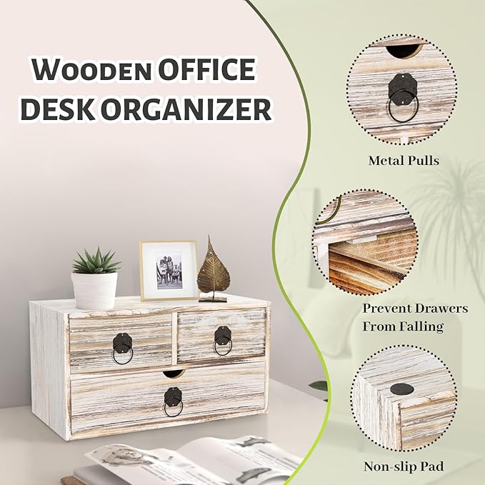 Wood Desk Organizer with Drawer, Vintage Brown Wooden Desktop Organizer, Tabletop Storage Organization Box for Countertop, Home Office Supplies (3 Drawer)