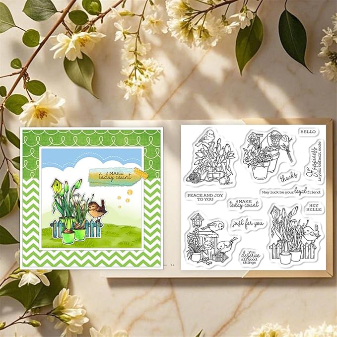 Flowers Birds Fence Stamps and Cutting Dies for Card Making DIY Transparent Silicone Clear Stamp and Metal Die Cuts Sets for Scrapbooking Paper Greeting Cards Decor Seals Craft Supplies