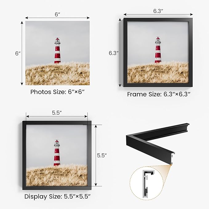 6x6 Aluminum Metal Picture Frame,Tempered Glass Black Photo Frame 6x6 for Family Photo,Posters,Art,Document to Wall Mount Horizontally or Vertically