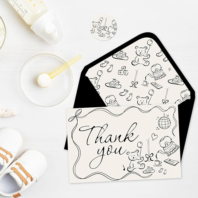 Whaline 24 Pack Baby Shower Thank You Cards Greeting Card with Envelope Sticker Black Bear Cake Greeting Blank Note Cards for Birthday Gender Reveal