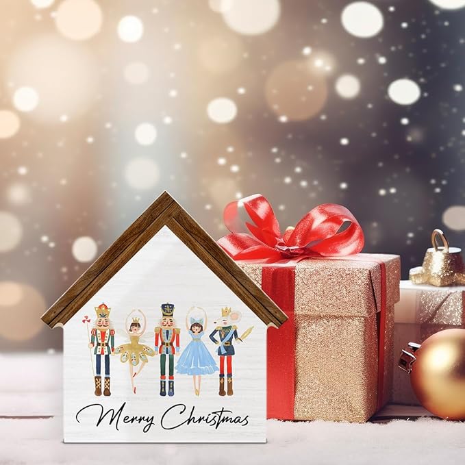 Nutcracker Christmas Decor, Merry Christmas House Shaped Wooden Sign, Nutcracker Decorations for Home Office Desk Table Shelf