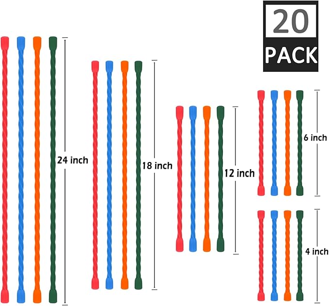 20 PCS Silicone Cable Ties Reusable Twist Ties Steel-Core Cable Tie Straps for Organizing Bundling and Holding All Purpose Bendable Cord Tie for Indoor and Outdoor 4 6 12 18 24 inch (4 Colors)