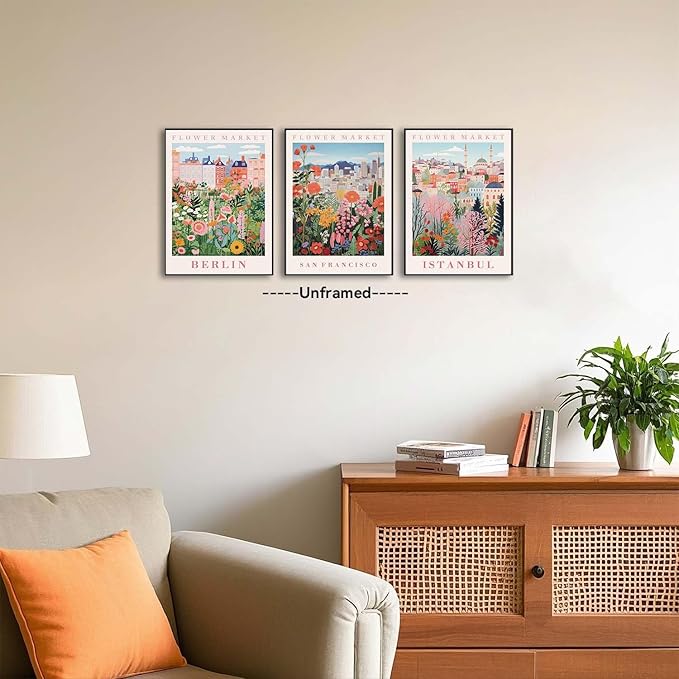 XLARTMY Flower Market Wall Art Prints Canvas Orange and Pink Floral Paintings Colorful Botanical Travel Flower Posters for Home Decor Pictures Set of 3 for Living Room Bedroom 12x16in Unframed