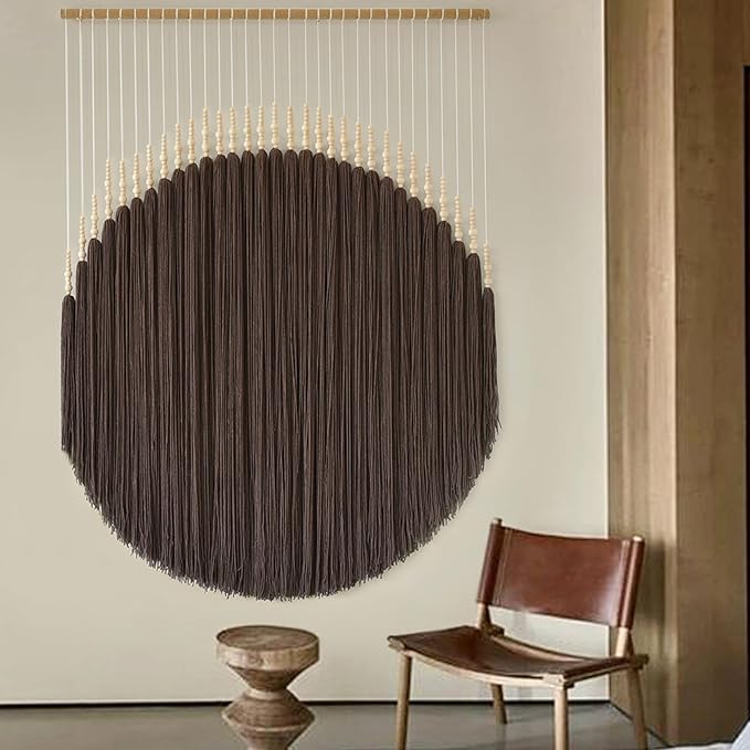 IOWER Macrame Wall Hanging Brown Yarn Wall Art Beaded Boho Wall Decor Round Tassel Handmade Home Wall Aesthetic Living Rooms Bedrooms Offices Home Decor 39" W x 55" L