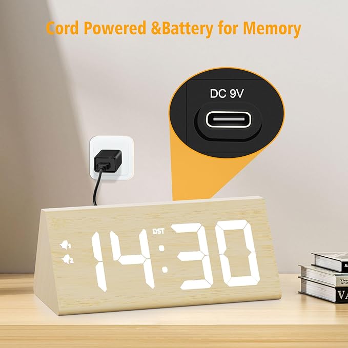 Wooden Digital Alarm Clock with Dual USB Charging Ports, DST, Dimmable, Snooze, Modern Large Time Display LED Clock for Kids Bedrooms, Living Room, Desk, Table, Bedside, Nightstand (Bamboo)