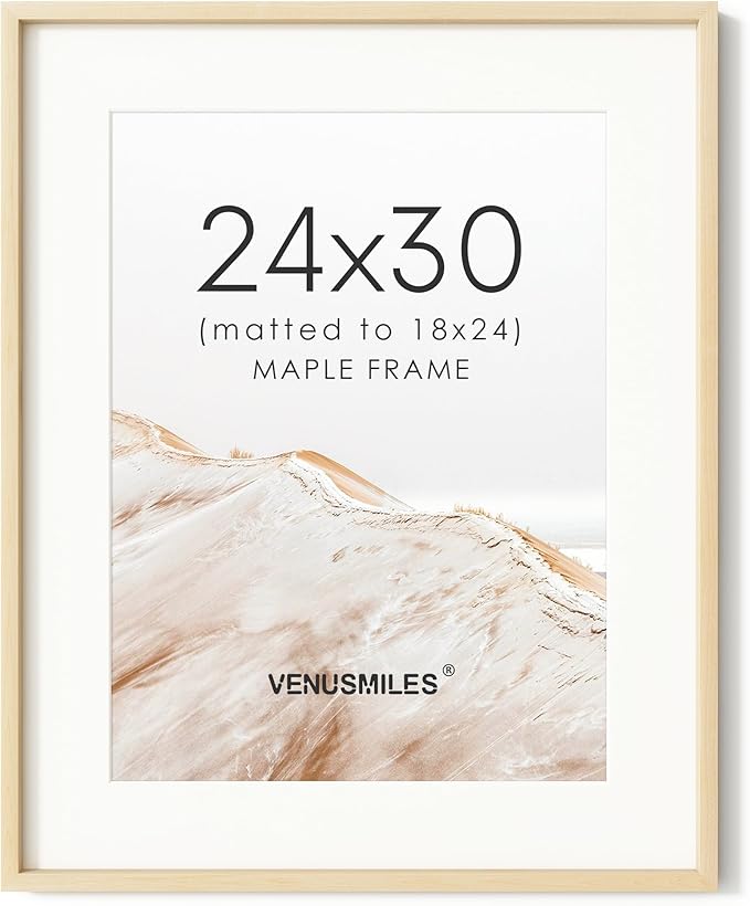 24x30 Poster Frame, USA-Sourced Natural Maple Wood Picture Collage Frame with HD Tempered Glass, Modern Simple 24 x 30 Wooden Photo Frame Matted to 18x24, Vertical & Horizontal Wall Hanging Display