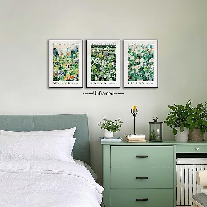 XLARTMY Flower Market Wall Art Prints Canvas Green Yellow White Floral Paintings Colorful Botanical Travel Flower Posters for Home Decor Pictures Set of 3 for Living Room Bedroom 16x24in Unframed
