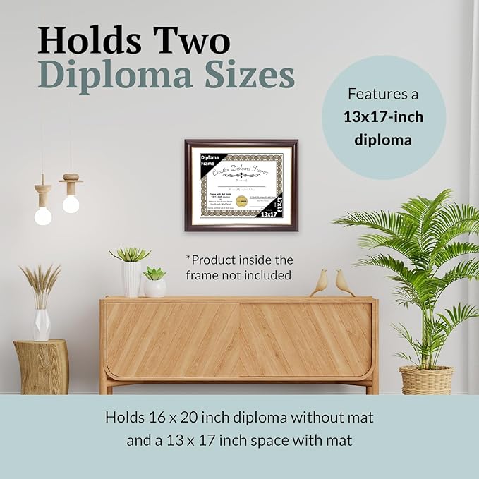 Creative Picture Frames 13x17 Mahogany Gold Rim Diploma Frame with White Mat Glass and Installed Wall Hangers | Frame Holds 16x20 Media without Mat