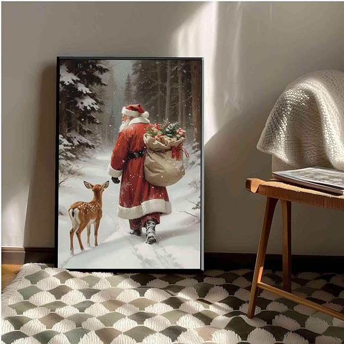 Framed Canvas Wall Art Vintage Santa Claus Print Christmas Wall Art Reindeer Painting Christmas Holiday Decor Winter Forest Painting 20x30in Metal blackFramed