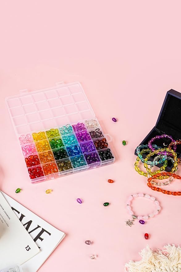 REVKI 1200pcs Glass Beads Bracelet Making Kit, 48 Colors Crystal Beads for Jewelry Making,Strange Shaped Glass Beads for Bracelets and DIY Crafts(Teardrop and Bamboo)