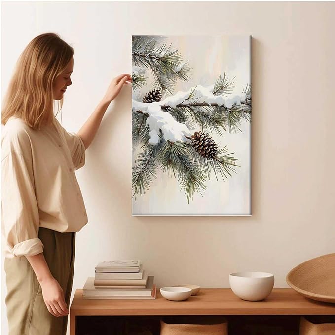 Framed Canvas Wall Art Snowy Fir Branch with Pinecones Vintage Winter Botanical Art Rustic Cottagecore Nature Decor Christmas Wall Print 16x24in Wood Framed