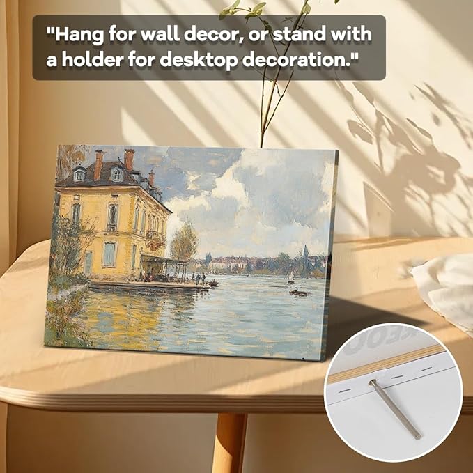 WOXZQ Vintage Riverside House Wall Art – 15x12 Inch European Landscape Print – Classic Waterfront Scene with Yellow Villa – Frameless Laminated Paper, Hanging & Tabletop Display