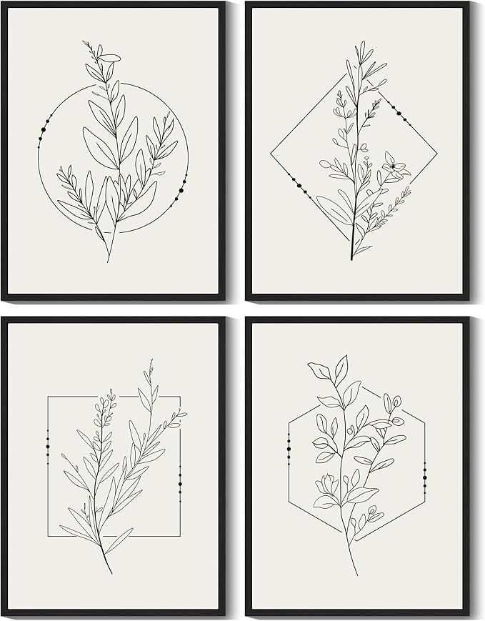 Drsoum Botanical Flower Boho Framed Wall Art Wooded Minimalist Aesthetic Floral Prints Farmhouse Retro Plants Rustic Bathroom Kitchen Home Decor Ready to Hang 11x14inx4pcs (Black Framed)
