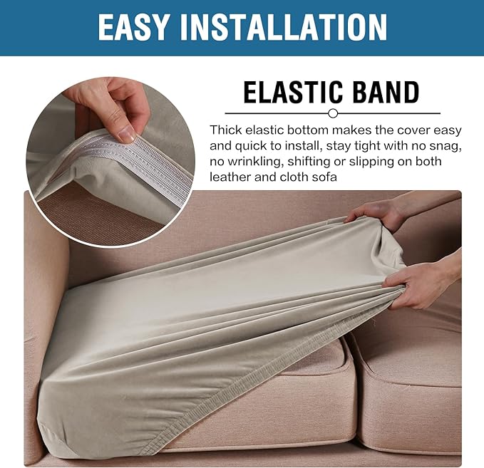 H.VERSAILTEX Velvet Stretch Couch Cushion Cover Plush Cushion Slipcover for Chair Loveseat Sofa Cushion Furniture Protector Seat Cushion Sofa Cover (3 Piece Sofa Cushion Covers, Oatmeal)