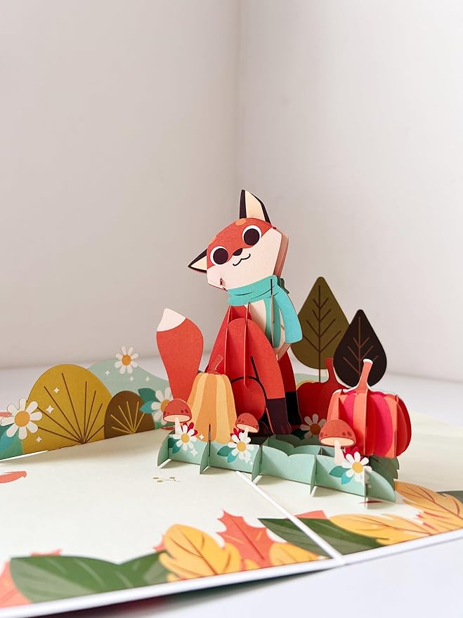ETA Autumn Fox 3D Pop-Up Greeting Card – Fall Themed Card with Pumpkins & Leaves – Cute Woodland Animal Pop-Up Card for Kids, Adults, Birthdays, Thanksgiving, A41