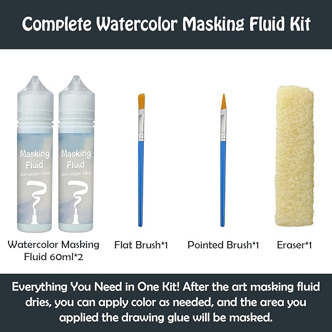 120ml Blue Masking Fluid for Watercolor Painting Kit, Fast Drying Easy Peel Use, Watercolor Masking Fluid Prevent staining Keeps Areas Colorless