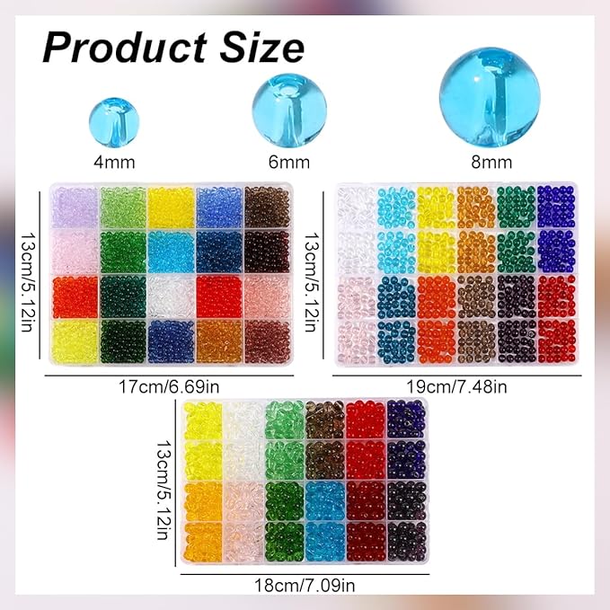 3200Pcs Glass Beads Bracelet Making Kit -44 Colors 8mm 6mm 4mm Round Crystal Beads for Jewelry Making, Clear Glass Beads Kits for Bracelet Necklaces DIY Crafts Making for Beginners Woman
