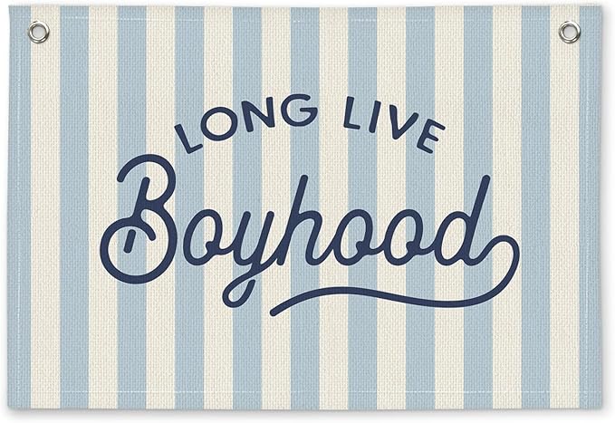 Long Live Boyhood Blue Striped Boys Room Decor - Linen Banner Wall Hanging Canvas Banner Flag Decor for Toddler Boy Bedroom Nursery Playroom