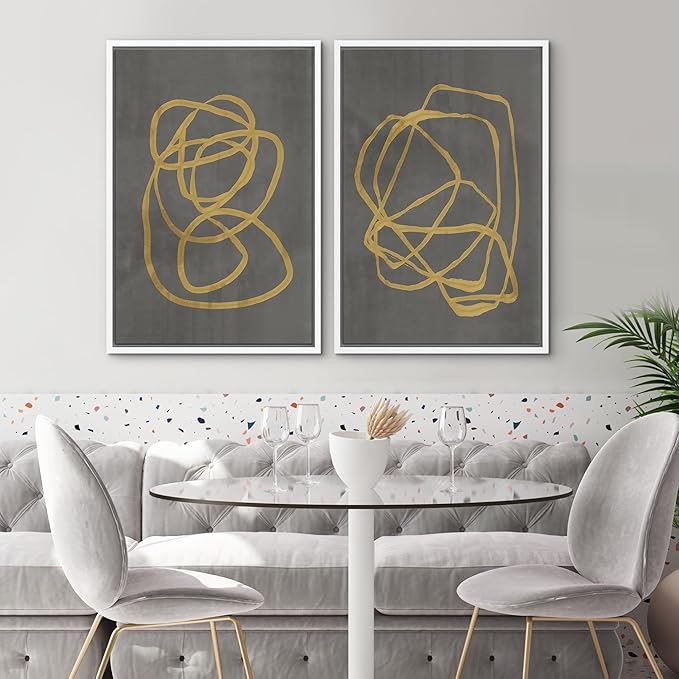 SIGNWIN Framed Canvas Print Wall Art Set Mid-Century Yellow Gray Polygon Collage Abstract Shapes Cozy Neutral Modern Minimalism Decorative Nordic for Living Room, Bedroom, Office - 16"x24"x2 White
