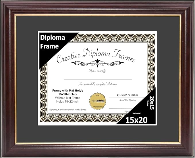 Creative Picture Frames 15x20 Classic Black Diploma Frame with Black Mat Glass and Installed Wall Hangers | Frame Holds 18x22 Media without Mat