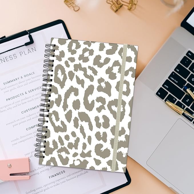 Spiral Notebook,Hardcover Journal Wide Ruled Spiral Notebook,A5 5.5 x 8.3 Inch,80GSM Thick Paper 60 Sheets 120 Pages for Girls Women School Office Aesthetic Cute-Grey Leopard Cheetah