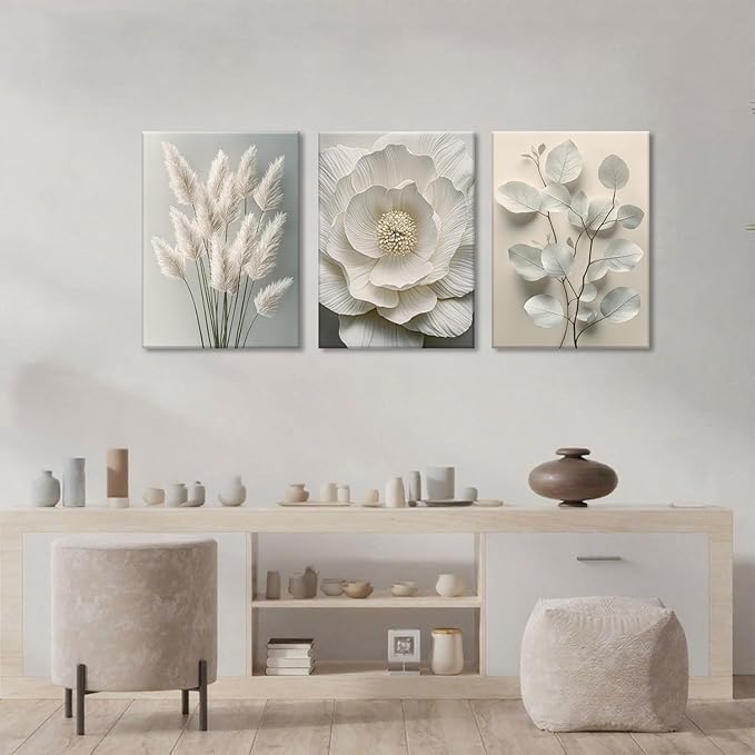 TUEASKY 3 Piece Canvas Wall Art Beige Wall Decor Flower Pictures Floral Art Prints Neutral Botanical Paintings Minimalist Artwork For Bedroom Living Room Office