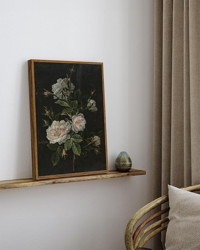VIYYIEA Vintage Framed Wall Art, Retro Floral Paintings Art Decor Aesthetic, Canvas Print Artwork, Classical Flower Wall Pictures for Bedroom Living Room Fireplace Shelf, 12x16 Inch