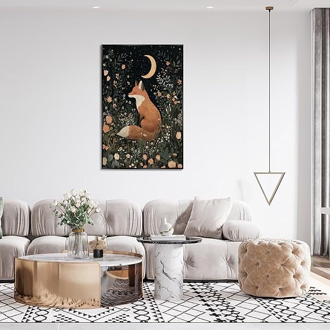 Fairytale Dreamy Fox Wall Art Vintage Moonlit Forest Floral Plant Night Canvas Poster Print Whimsical Nature Aesthetic Picture Decor for Nursery Living Room Bedroom Office 20x30inch Metal Black Framed