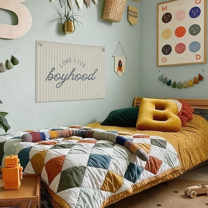Long Live Boyhood Banner Wall Hanging, Boys Room Decor Wall Art,Preppy Blue Striped Wall Decor Hanging Print for Kids Boys Toddler Nursery Bedroom Playroom 30X20 Inch