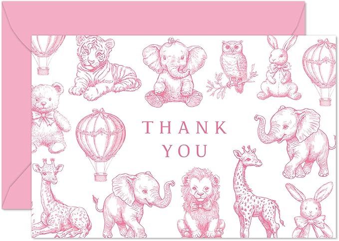 Whaline 24 Pack Pink Baby Shower Thank You Card Greeting Cards with Envelopes Stickers Cute Animal Blank Note Cards for Gender Reveal Birthday Party Supplies