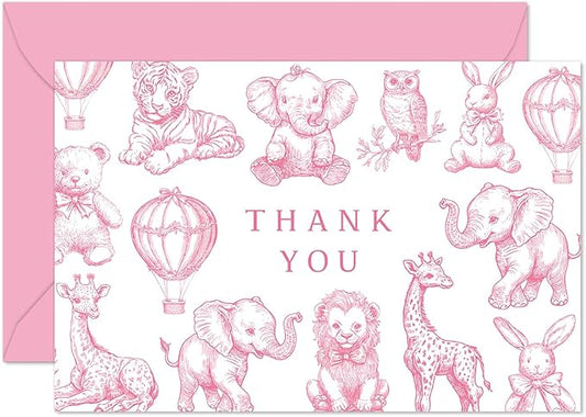 Whaline 24 Pack Pink Baby Shower Thank You Card Greeting Cards with Envelopes Stickers Cute Animal Blank Note Cards for Gender Reveal Birthday Party Supplies