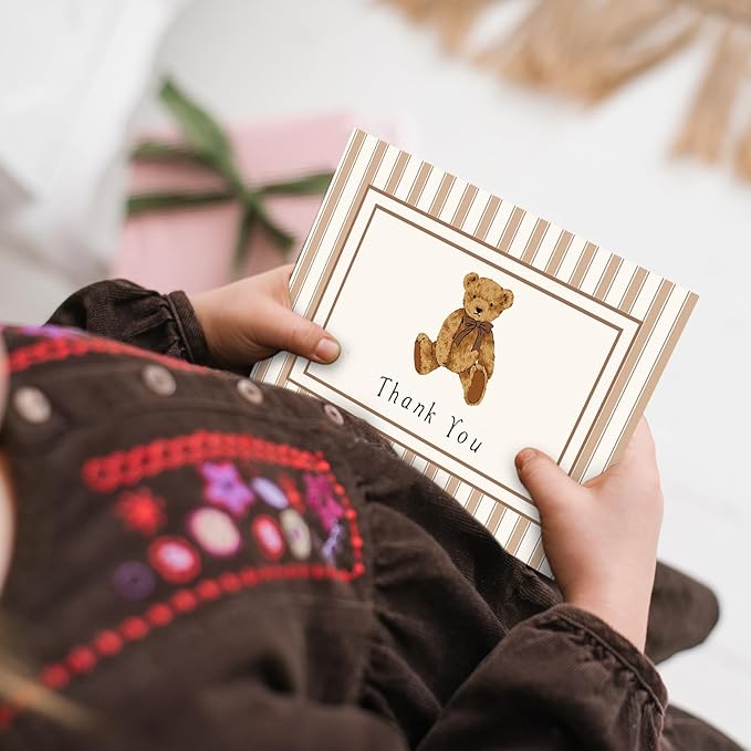 JarThenaAMCS 24 Pack Bear Thank You Cards Greeting Cards Brown Stripe Bear Blank Note Card with Envelopes Stickers for Birthday Baby Shower Party Supplies, 4 x 6 Inch