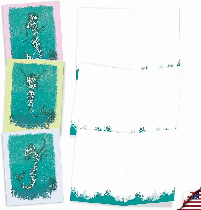 The Best Card Company - 10 Blank Note Cards (4 x 5.12 Inch) - Fun Mythical Fantasy Cards, Assorted Greetings Boxed - Mermaid Quotes AM6824OCB-B1x10-NB