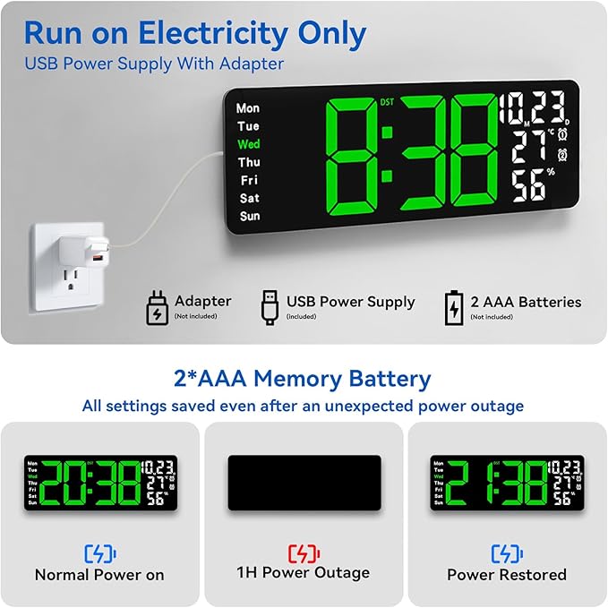 Digital Wall Clock Large Display, 17.3" Digital Clock with RGB Color Remote Control, Auto-Dimming Big Wall Clock with Night Light,Auto DST,Date Week,Temp for Home Decoration, for Elderly (Green)