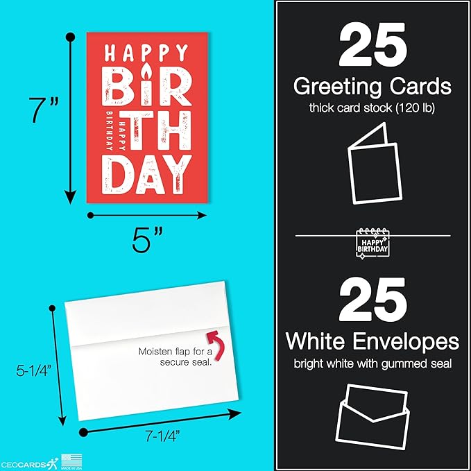 Happy Birthday Cards with Envelopes (25 Variety Pack – 5 Designs) Creative Bulk Birthday Card Set for Family & Business (5x7 inch – A7) Office, Work, Coworkers, Employees, Clients (VP2410) Made in USA