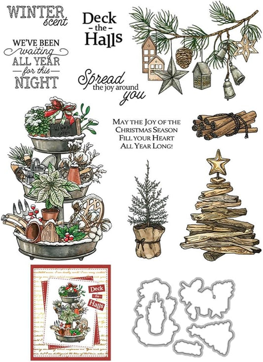 Christmas Platter Wooden Sticks Stamps and Cutting Dies for Card Making DIY Transparent Silicone Clear Stamp and Metal Die Cuts Sets for Scrapbooking Paper Greeting Cards Decor Seals Craft Supplies