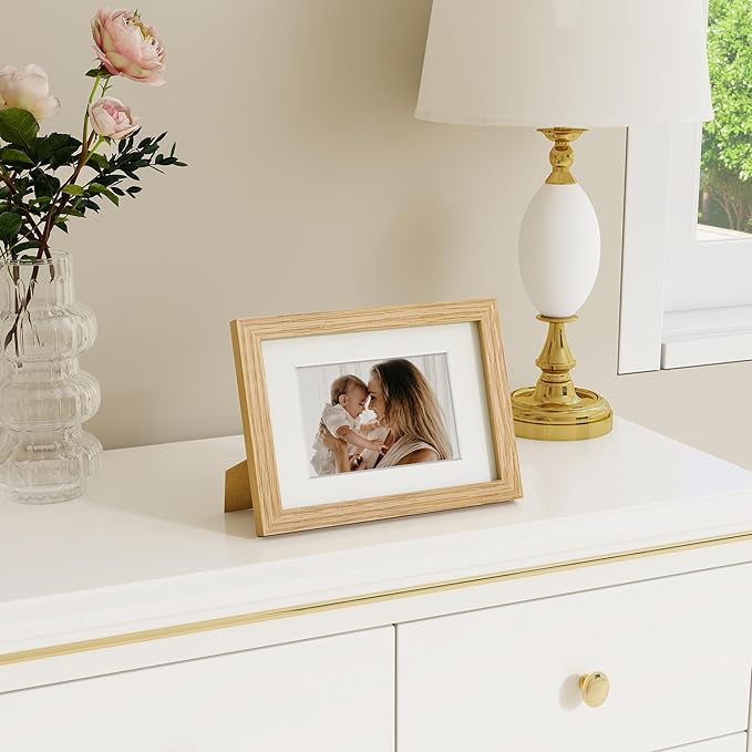 Dreamland 5x7 Picture Frame, Solid Oak Wood Photo Frame with Mat for 4x6, 5 x 7 Matted Picture Frames with Resistant Plexiglass for Wall Mounting or Tabletop, Oak Color, Set of 1