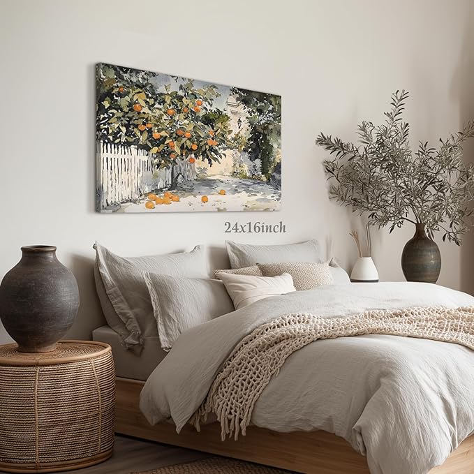LLEEMPI Framed Orange Tree Wall Art, Country Botanical Wall Decor, Vintage Fruit Canvas Painting, Rustic Farmhouse Poster Print for Kitchen Bathroom Bedroom Living Room Office 16x24 Inch